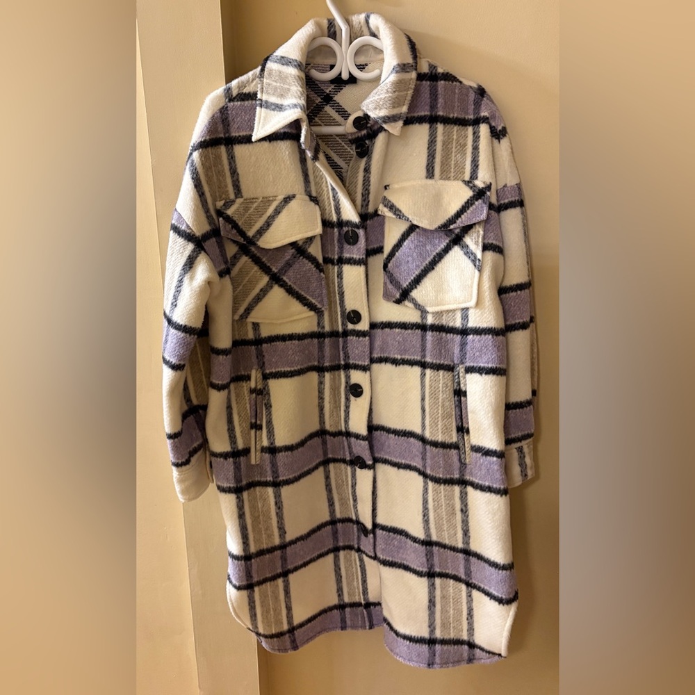 Vero Moda Cream and Purple Plaid Teddy Jacket